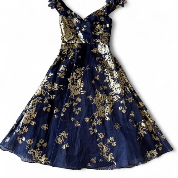 Marchesa Notte Navy and Gold Floral Dress - Picture 2 of 6